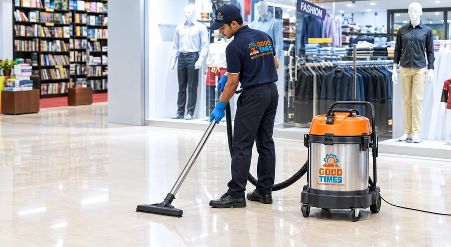 Mall housekeeping staff cleaning shopping areas and common spaces
